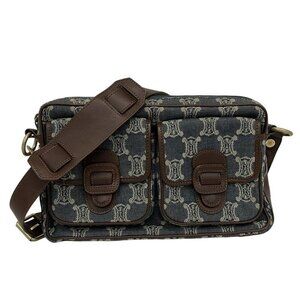 Celine Shoulder Bag Paris Macadam Dark Navy Ivory Brown Leather